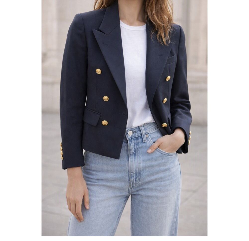 Ralph Lauren Polo Navy Double-Breasted Blazer Sz 10R VTG Gold Buttons Runs Small